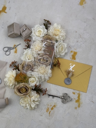 Parlak Gümüş Yaldız Baskılı Akrilik Düğün Davetiyesi