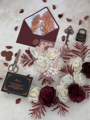 Sonbahar Temalı Astarlı Zarf Ve Bakır Baskılı Akrilik Düğün Davetiyesi