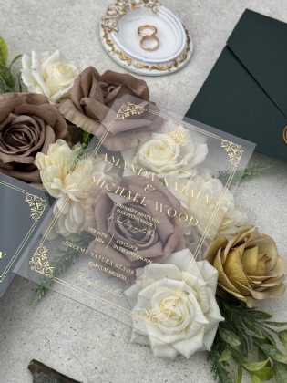 Süslü Kenarlıklı Altın Baskılı Koyu Yeşil Davetiye