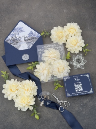 Sulu Boya Kış Konseptli Şeffaf Pleksi Düğün Davetiyesi