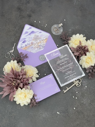 Lila Zarflı Ve Sulu Boya Gümüş Yaldız Astarlı Davetiye