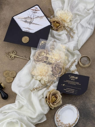 Altın Baskılı Sulu Boyalı Çizim Astarlı Akrilik Davetiye