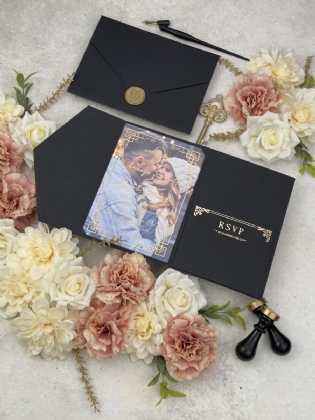 Siyah Cepli Zarflı Ve Fotoğraflı Akrilik Gold Düğün Davetiyesi