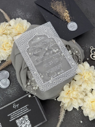 Kubbeli Gümüş Baskılı Akrilik İslami Düğün Davetiyesi