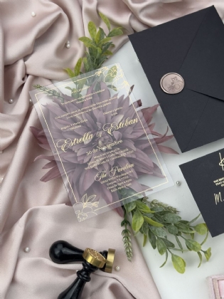 Altın Yaldız Çiçek Baskı Köşeli Akrilik Davetiye