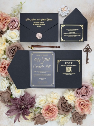 Süslü Çerçeveli Altın Yaldızlı Düğün Kartı