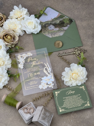 Yeşil Doğa Temalı Sulu Boyalı Çift Yaldız Baskılı Akrilik Davetiye