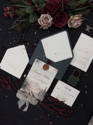 Orman Temalı Yaldız Baskılı Lüks Davetiye