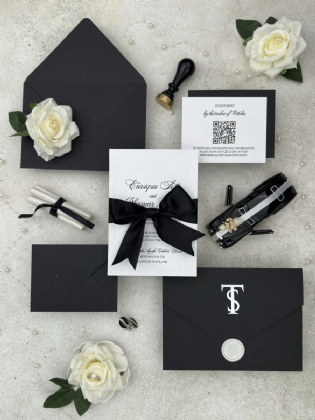 Kurdele Süslemeli Ve Gömme Baskılı Kaliteli Düğün Davetiyesi