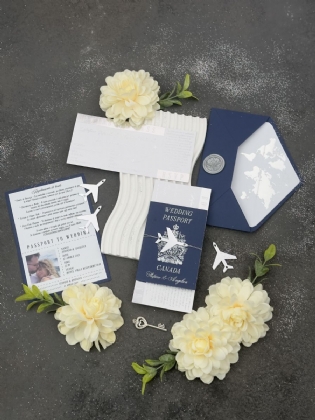 Lacivert Ve Gümüş Baskılı Uçak Süslemeli Pasaport Davetiye