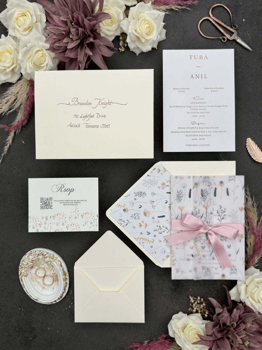 Gömme Baskılı Ve Çiçek Desen Baskılı Aydınger Zarflı Kurdeleli Davetiye